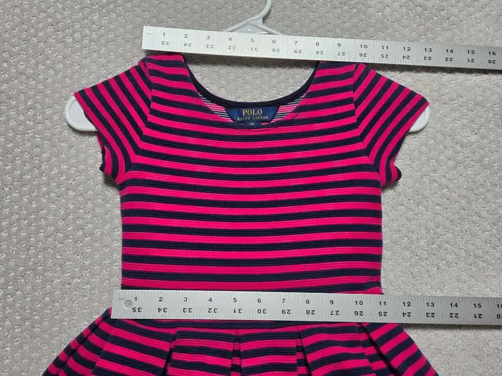 Polo Ralph Lauren Girls Pink and Navy Striped Short Sleeve Fit and Flare Dress